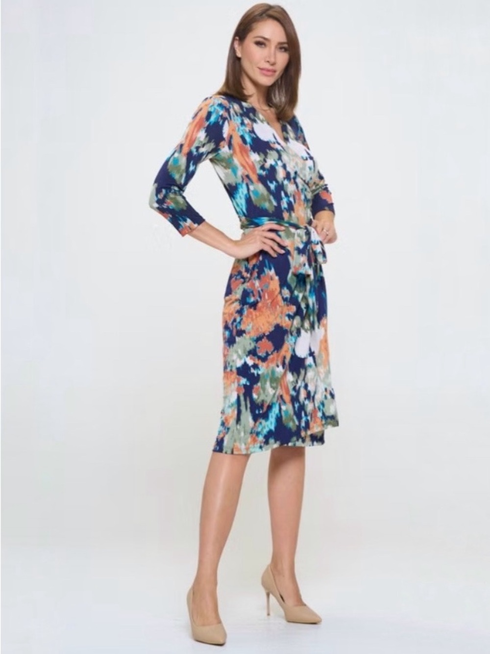 Renee C Abstract Print V-Neck Jersey Wrap Midi Dress Size 3X Floral 3/4 Sleeves - Picture 12 of 12